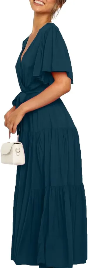 Beach Dresses for Women Summer Pleated Dress Short Sleeve V Neck Midi Dresses High Waist Party Dress Spring with Belt