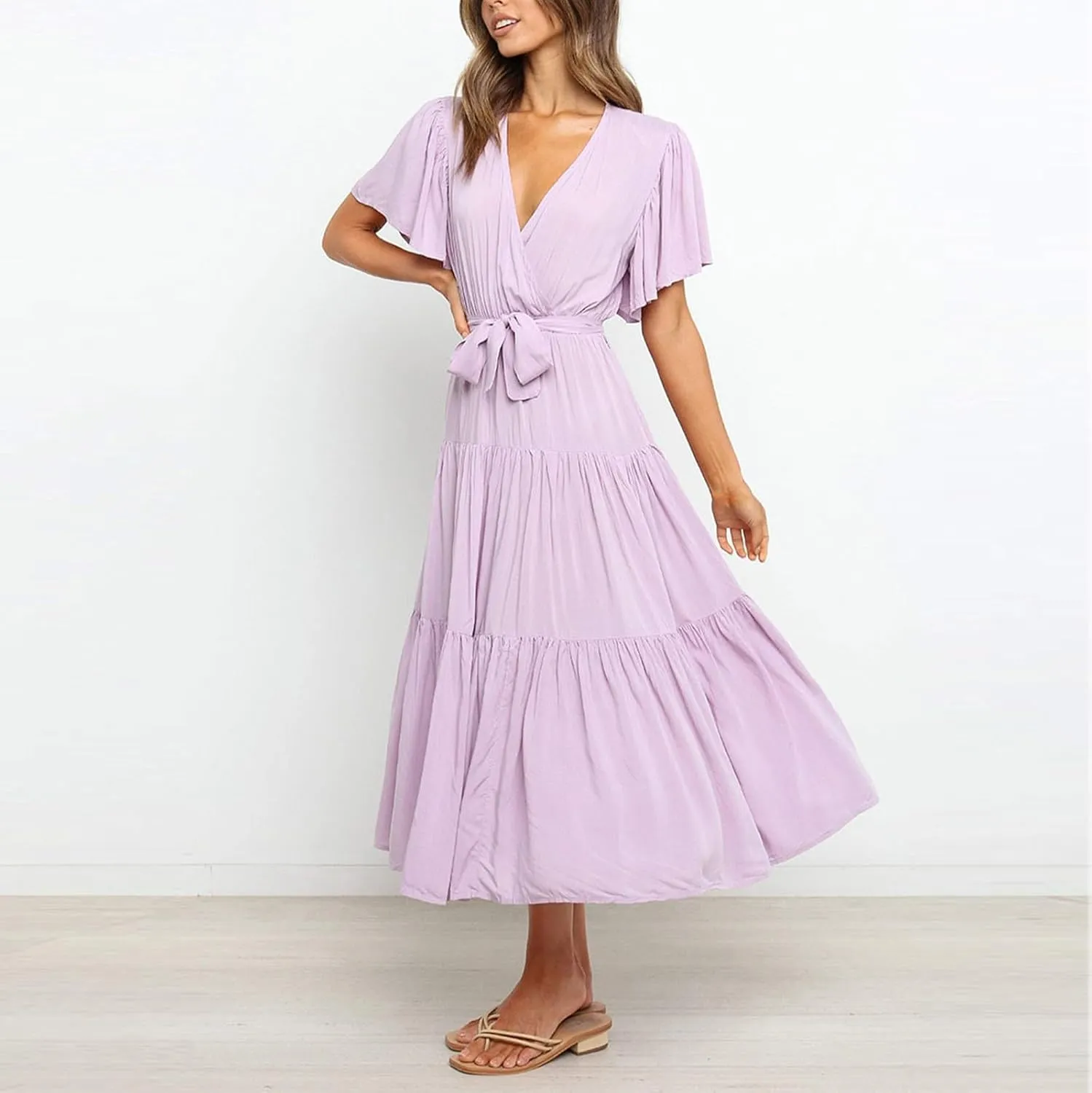 Beach Dresses for Women Summer Pleated Dress Short Sleeve V Neck Midi Dresses High Waist Party Dress Spring with Belt