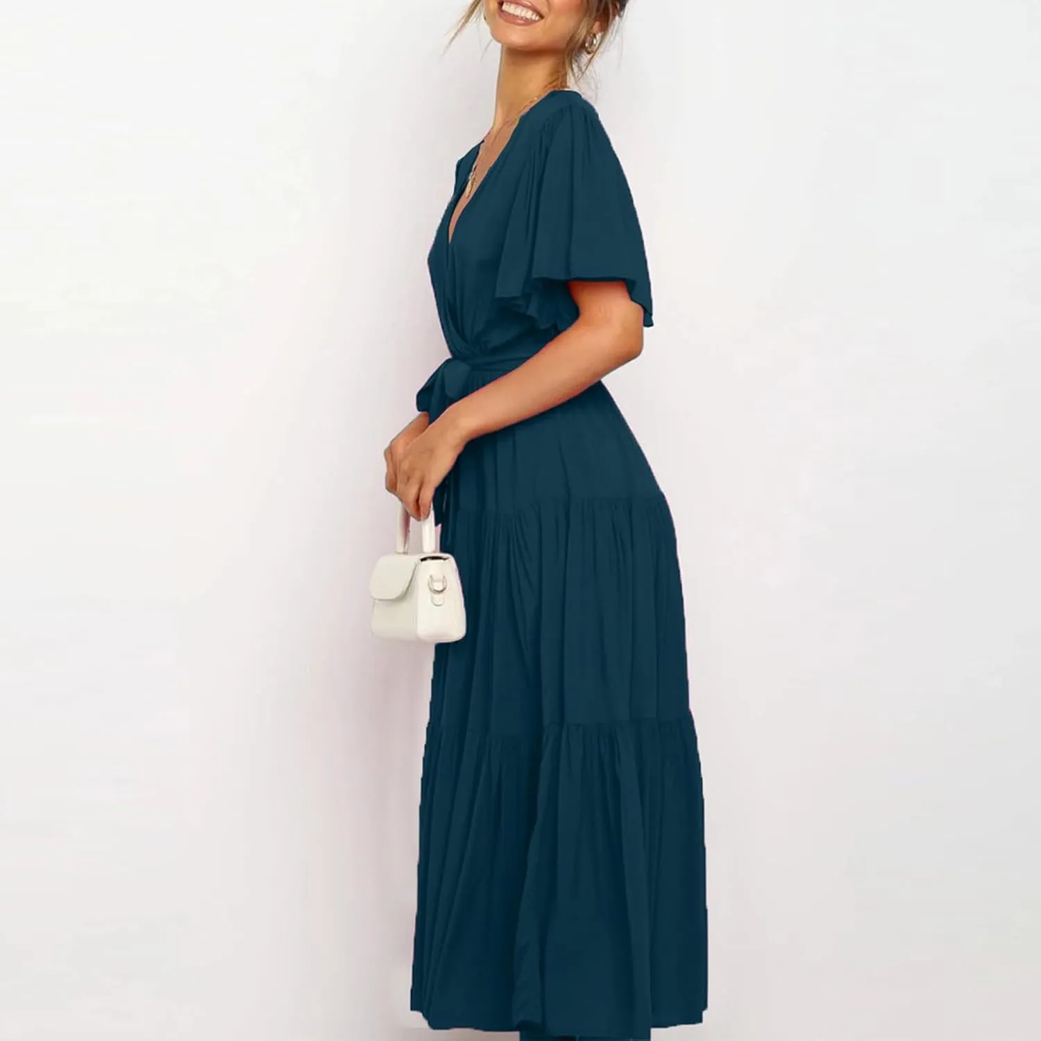 Beach Dresses for Women Summer Pleated Dress Short Sleeve V Neck Midi Dresses High Waist Party Dress Spring with Belt