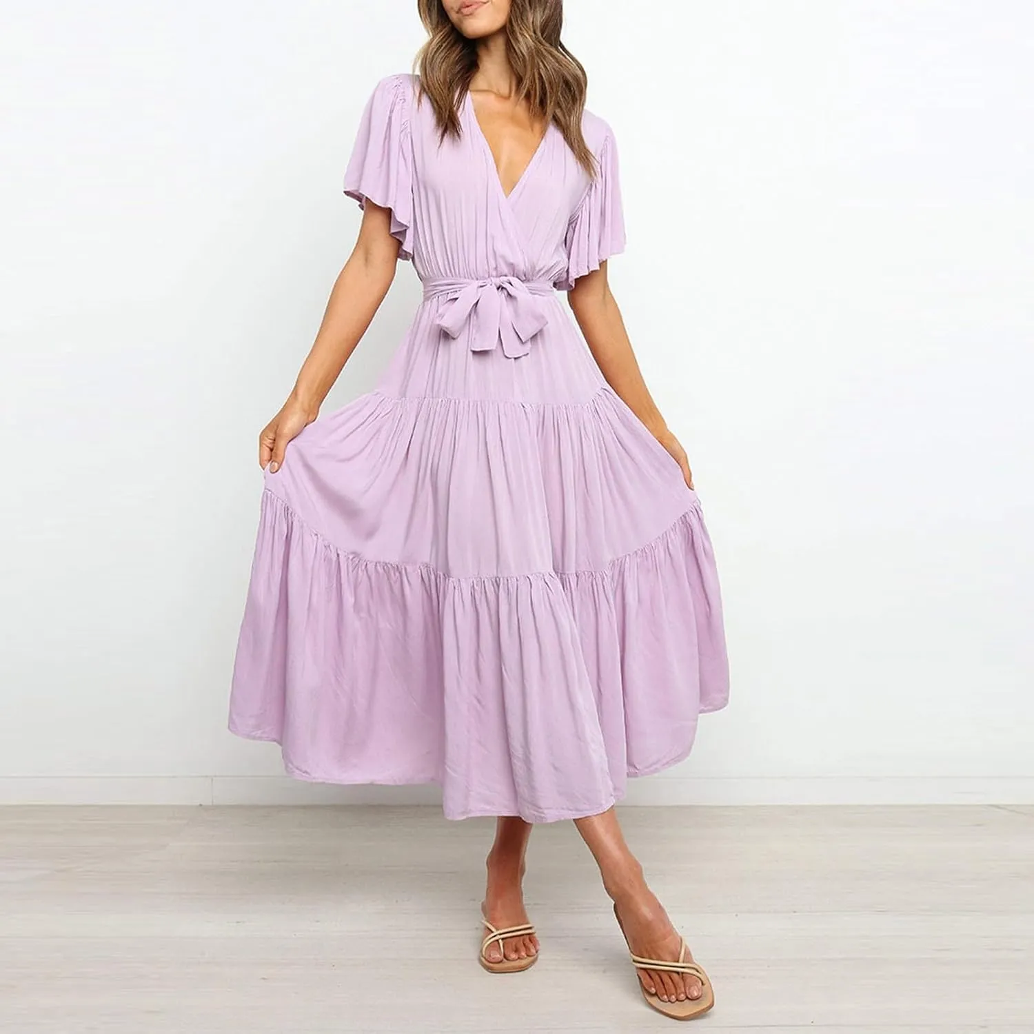 Beach Dresses for Women Summer Pleated Dress Short Sleeve V Neck Midi Dresses High Waist Party Dress Spring with Belt