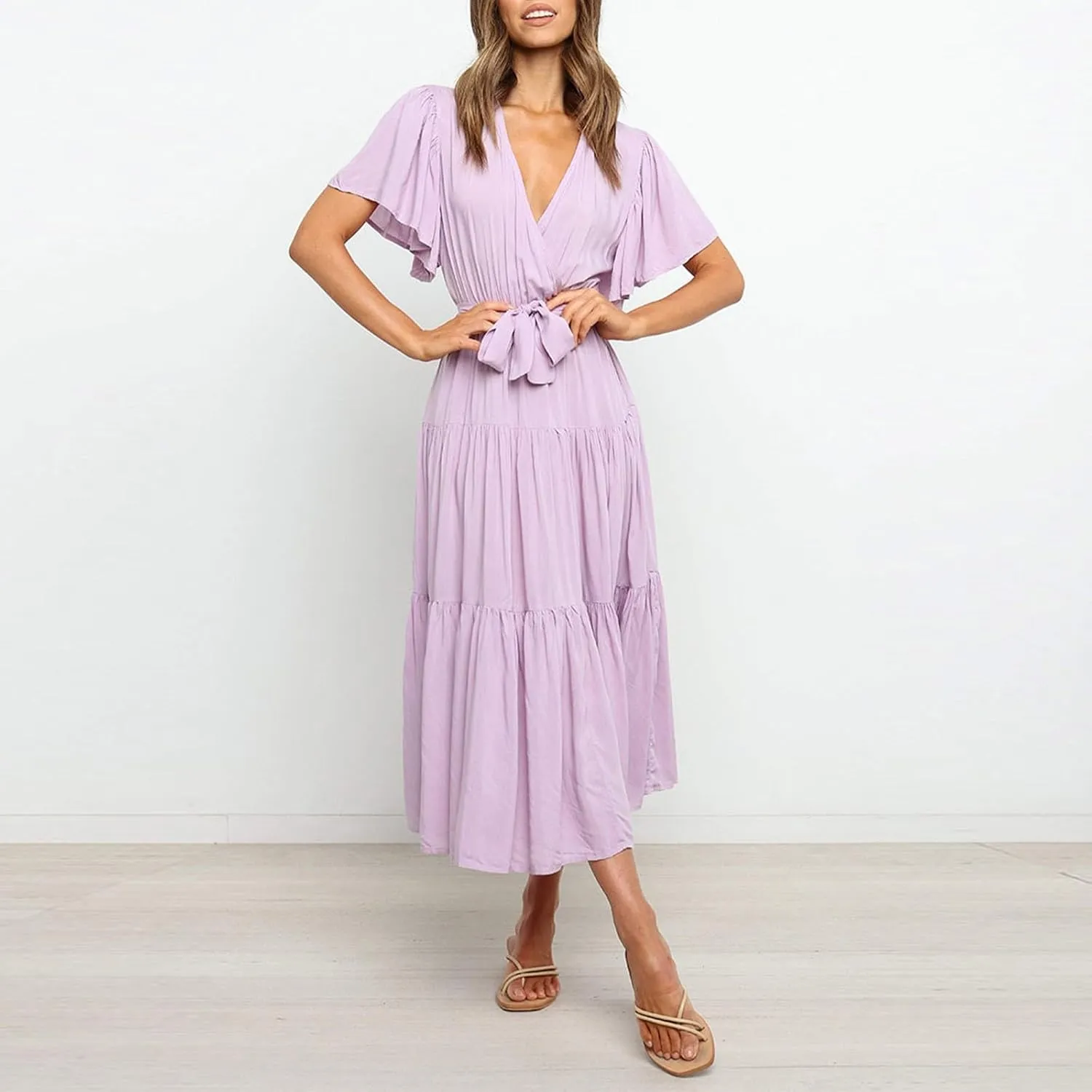 Beach Dresses for Women Summer Pleated Dress Short Sleeve V Neck Midi Dresses High Waist Party Dress Spring with Belt