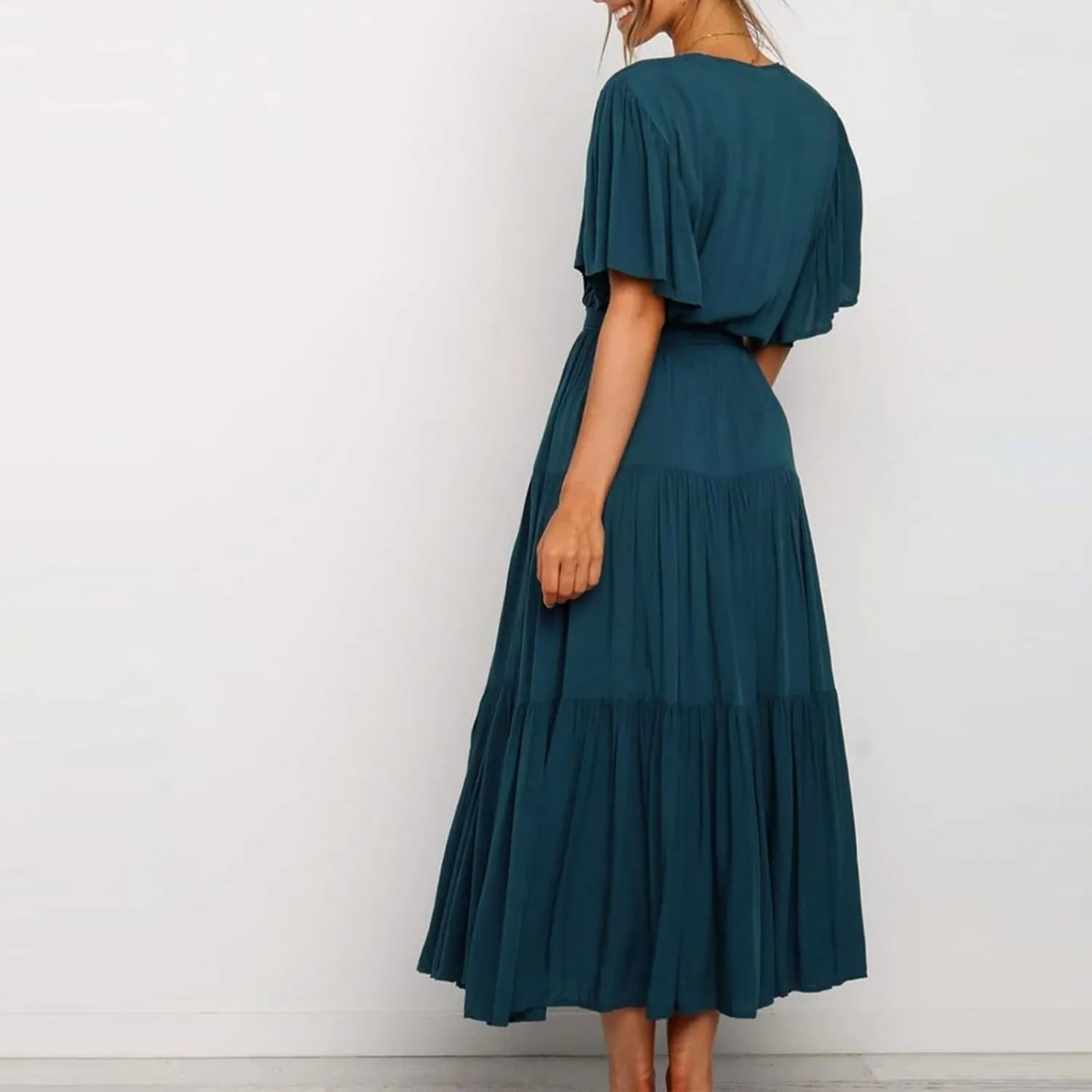 Beach Dresses for Women Summer Pleated Dress Short Sleeve V Neck Midi Dresses High Waist Party Dress Spring with Belt