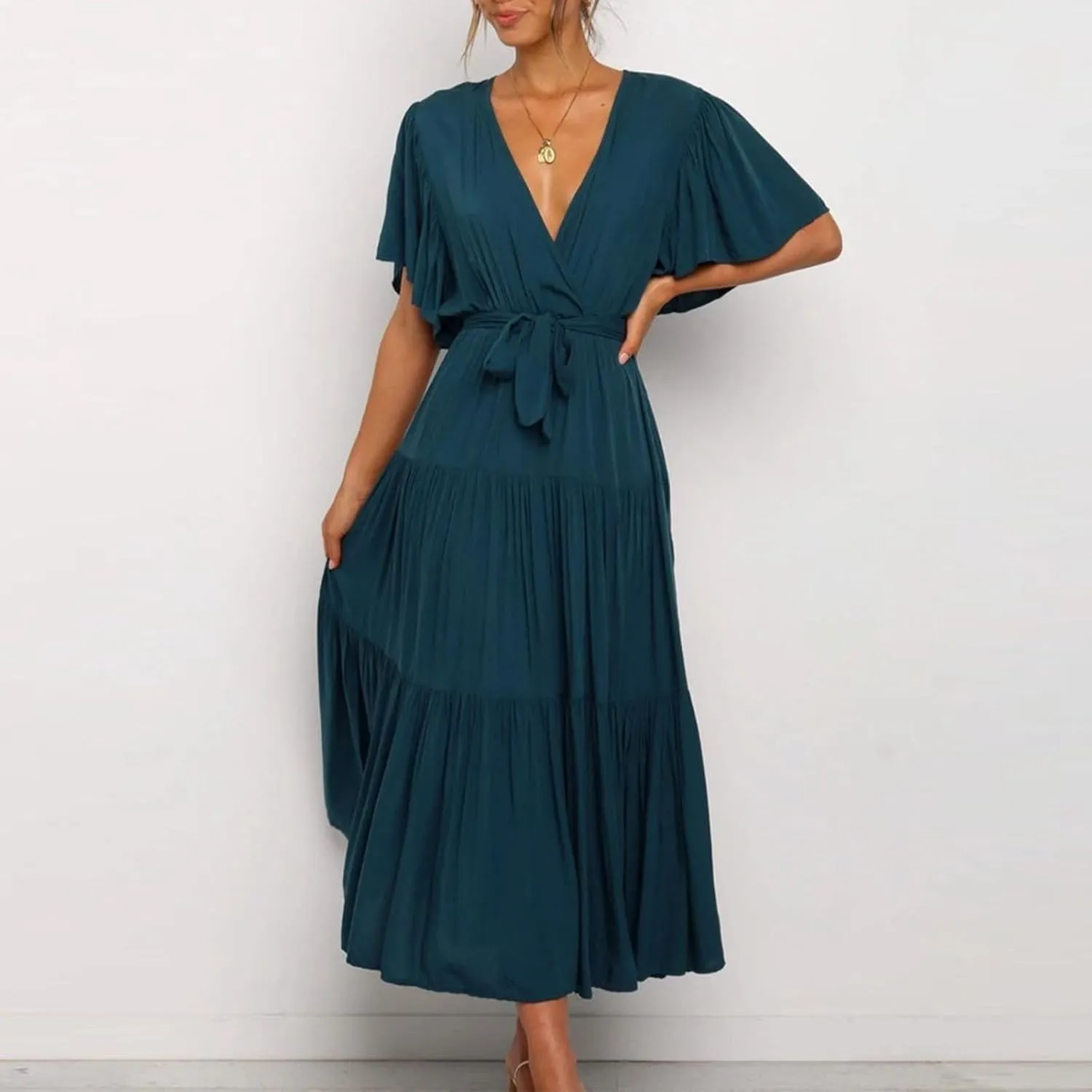 Beach Dresses for Women Summer Pleated Dress Short Sleeve V Neck Midi Dresses High Waist Party Dress Spring with Belt