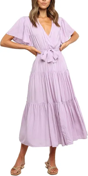 Beach Dresses for Women Summer Pleated Dress Short Sleeve V Neck Midi Dresses High Waist Party Dress Spring with Belt