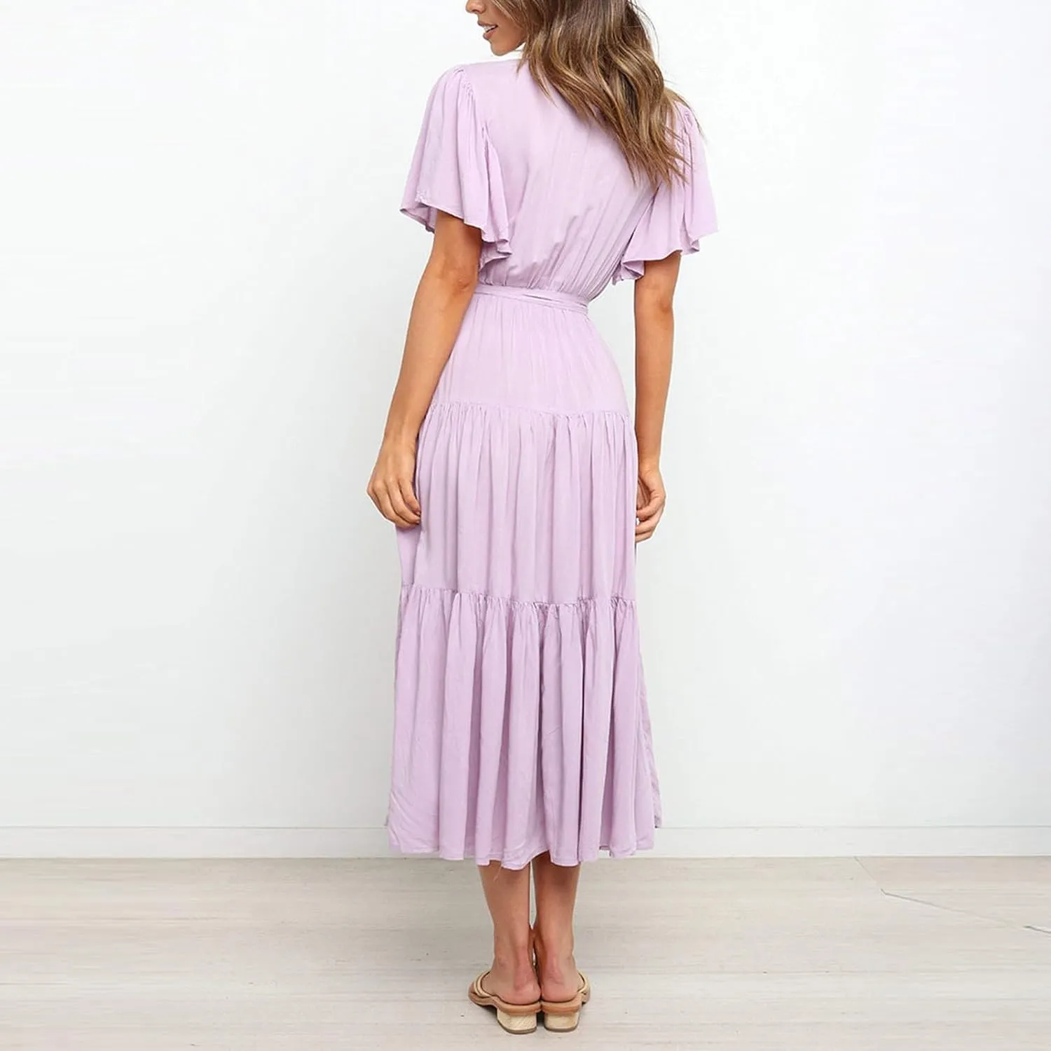 Beach Dresses for Women Summer Pleated Dress Short Sleeve V Neck Midi Dresses High Waist Party Dress Spring with Belt