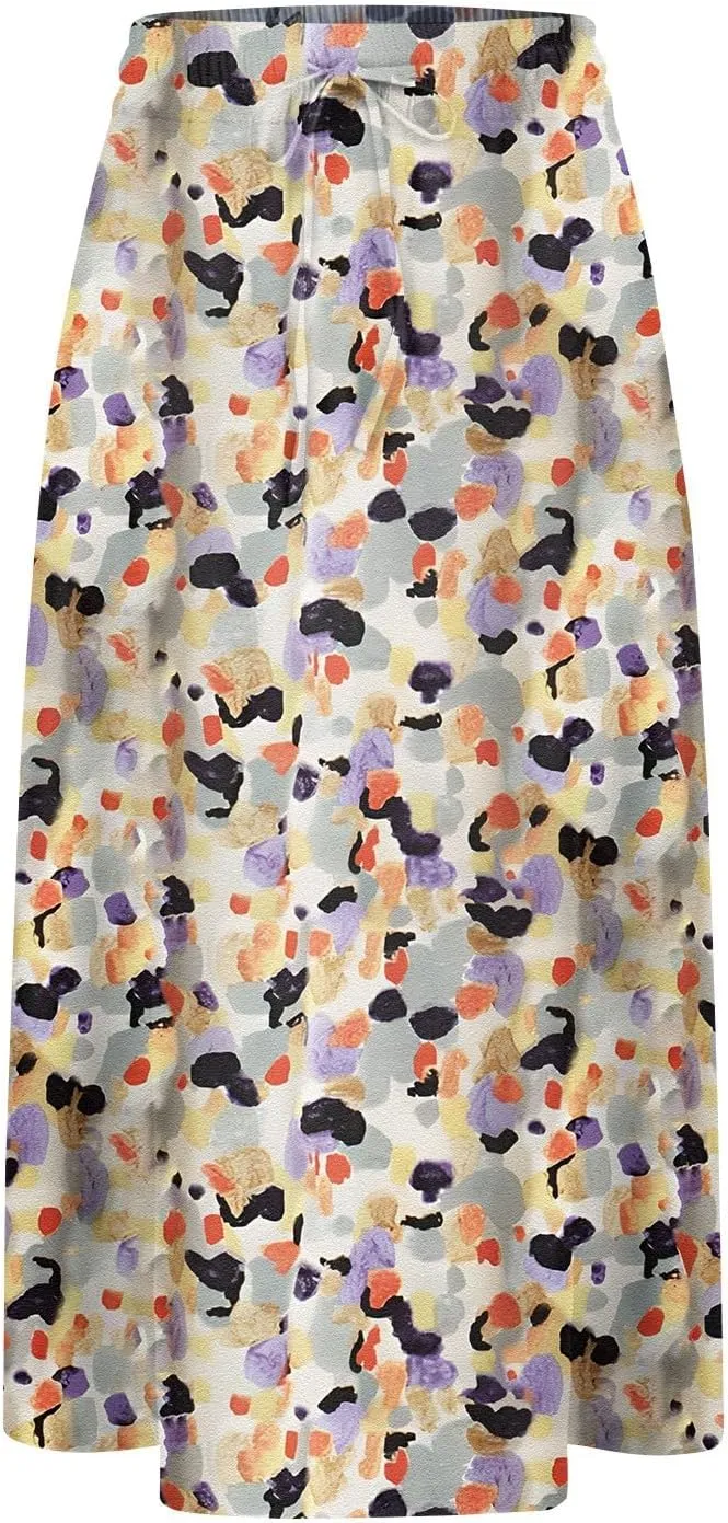 Beach Skirts for Women Drawstring Elastic Waist Summer Midi Skirt A Line Smocked Skirts Knee Length with Pockets