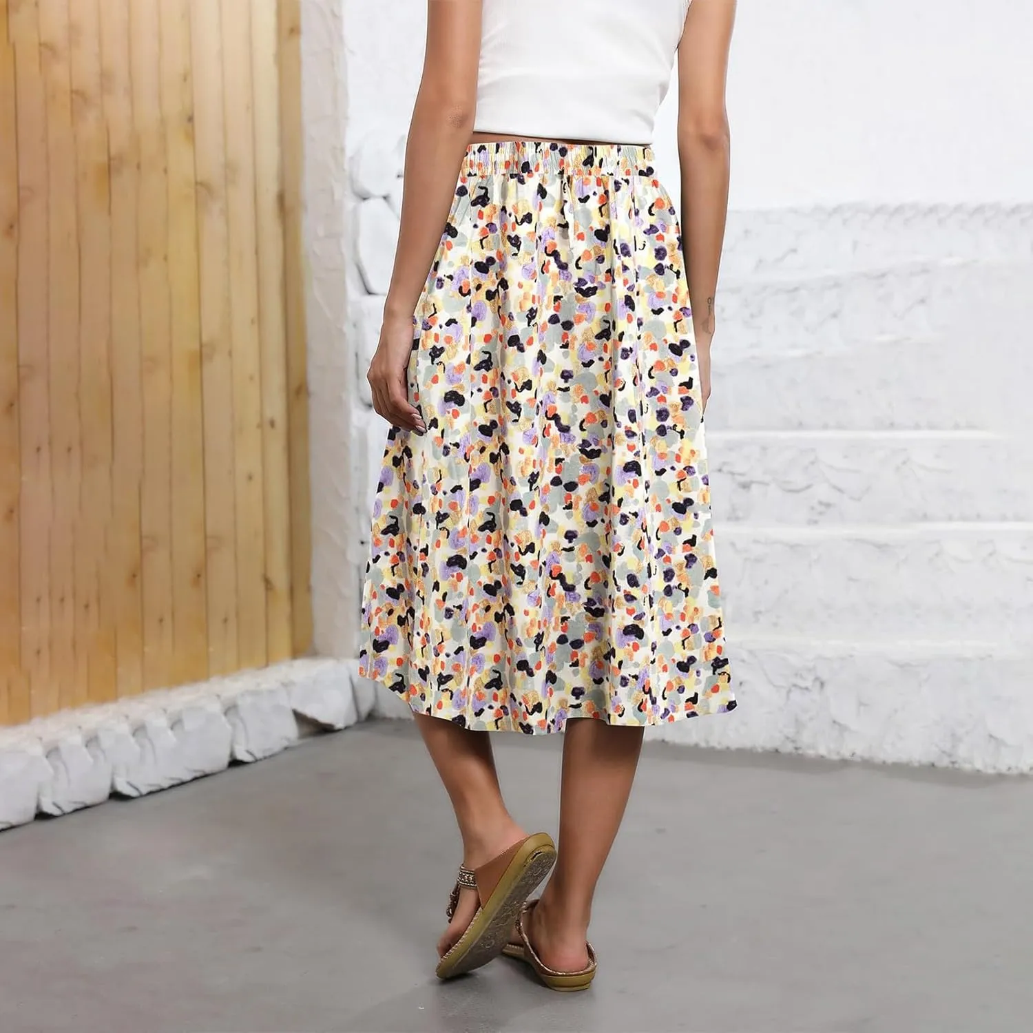 Beach Skirts for Women Drawstring Elastic Waist Summer Midi Skirt A Line Smocked Skirts Knee Length with Pockets