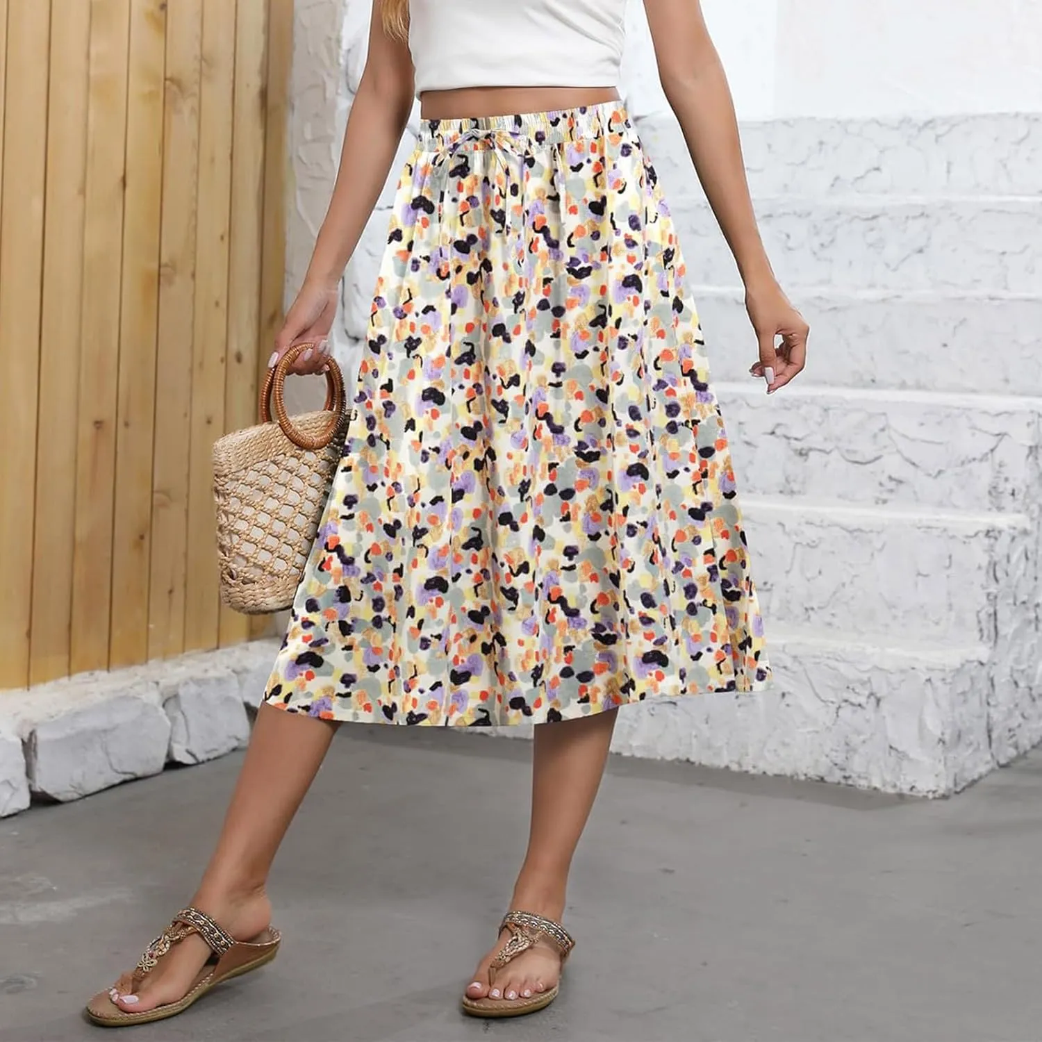 Beach Skirts for Women Drawstring Elastic Waist Summer Midi Skirt A Line Smocked Skirts Knee Length with Pockets