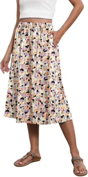 Beach Skirts for Women Drawstring Elastic Waist Summer Midi Skirt A Line Smocked Skirts Knee Length with Pockets