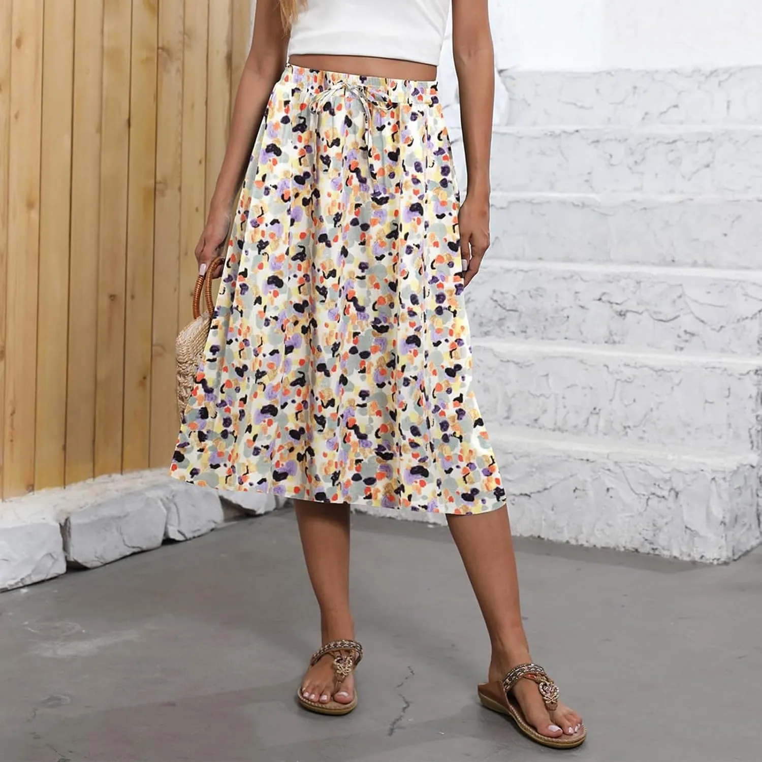 Beach Skirts for Women Drawstring Elastic Waist Summer Midi Skirt A Line Smocked Skirts Knee Length with Pockets