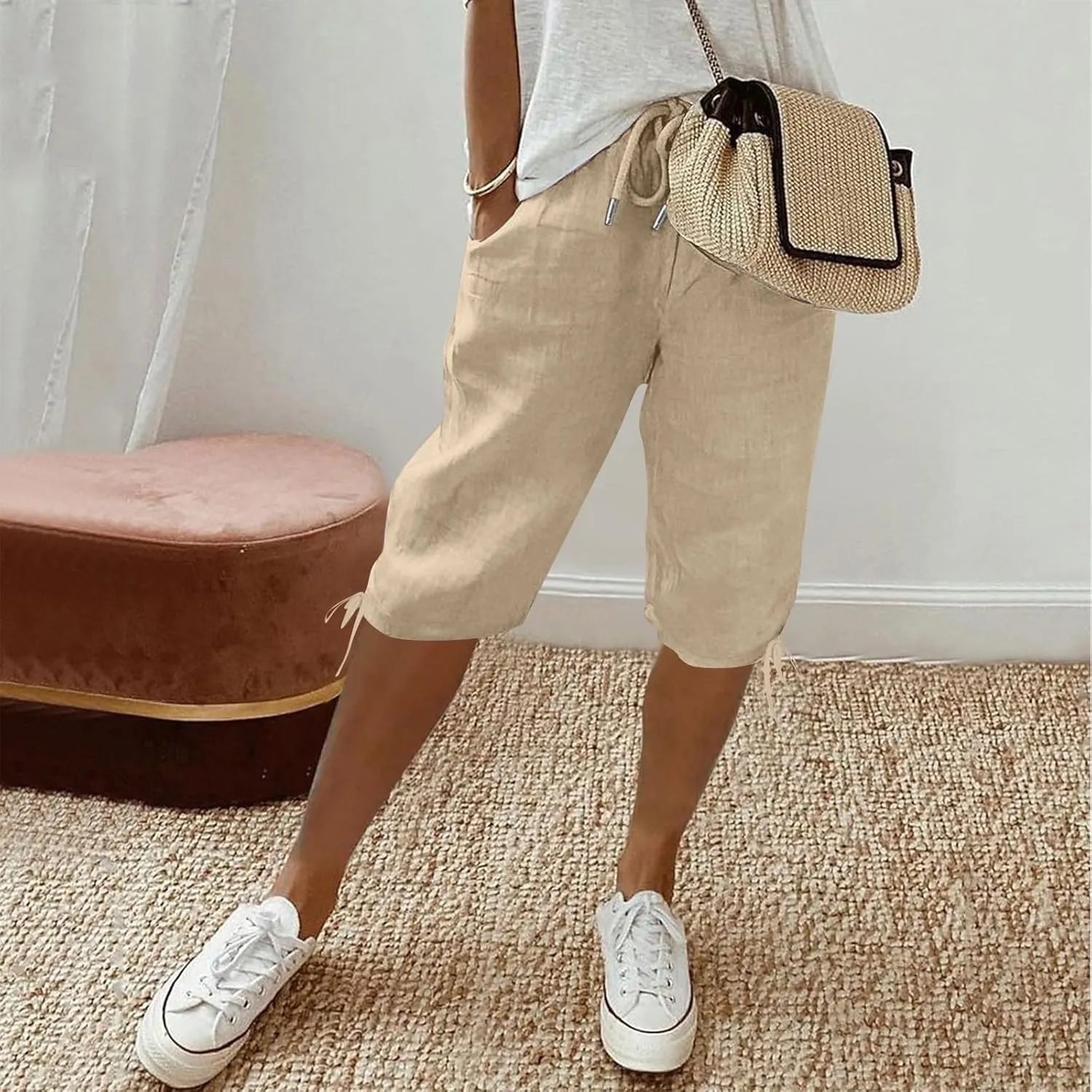 Bermuda Shorts for Women Knee Length Elastic Waist Drawstring Linen Shorts Lightweight Summer Long Shorts with Pockets