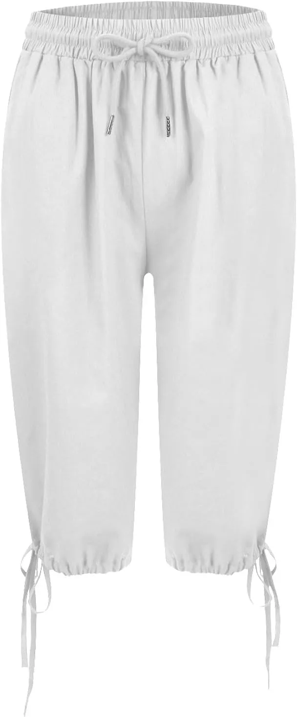 Bermuda Shorts for Women Knee Length Elastic Waist Drawstring Linen Shorts Lightweight Summer Long Shorts with Pockets