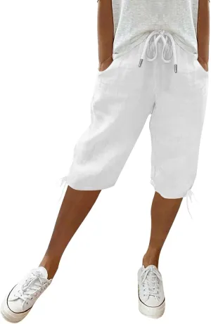 Bermuda Shorts for Women Knee Length Elastic Waist Drawstring Linen Shorts Lightweight Summer Long Shorts with Pockets