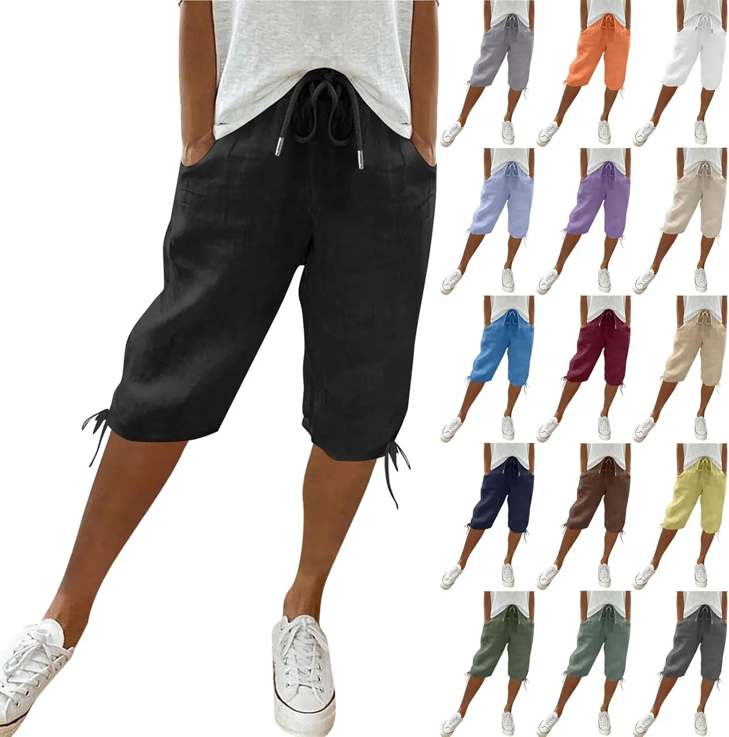Bermuda Shorts for Women Knee Length Elastic Waist Drawstring Linen Shorts Lightweight Summer Long Shorts with Pockets