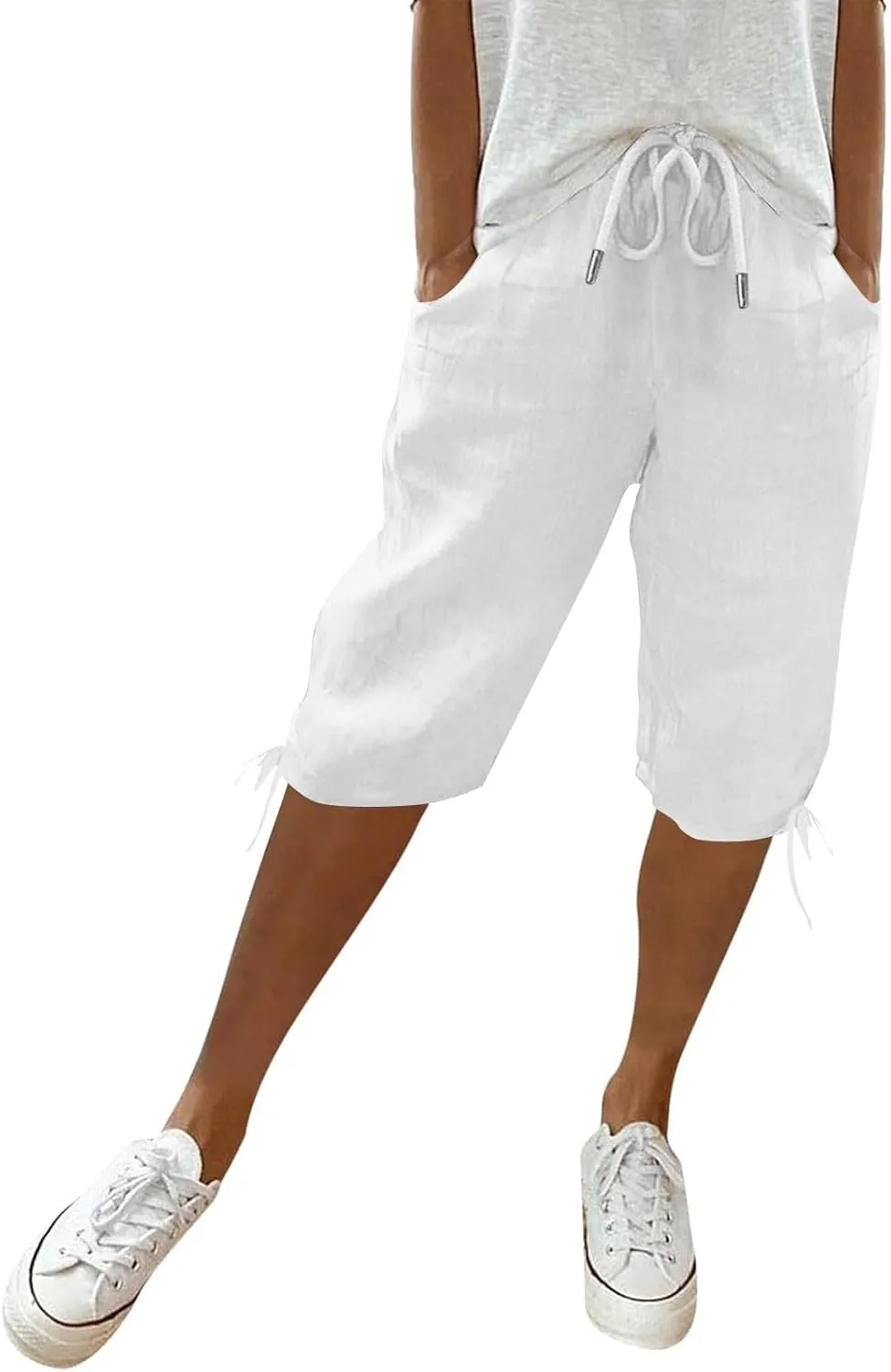 Bermuda Shorts for Women Knee Length Elastic Waist Drawstring Linen Shorts Lightweight Summer Long Shorts with Pockets
