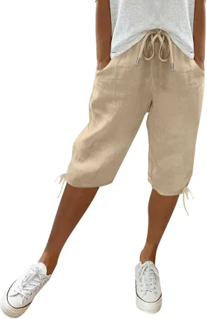Bermuda Shorts for Women Knee Length Elastic Waist Drawstring Linen Shorts Lightweight Summer Long Shorts with Pockets