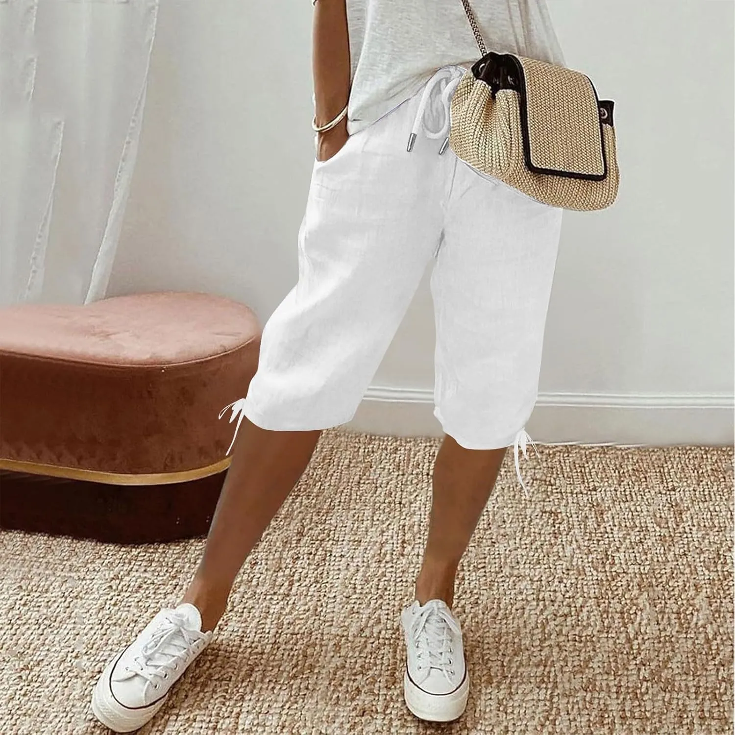 Bermuda Shorts for Women Knee Length Elastic Waist Drawstring Linen Shorts Lightweight Summer Long Shorts with Pockets