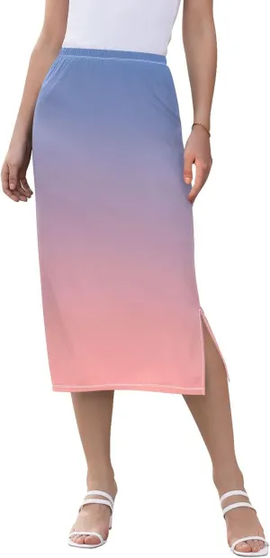 Blue Gradient Midi Skirts with Slit Women Floral Pencil Skirts Elastic Waist Cute Casual Skirts S