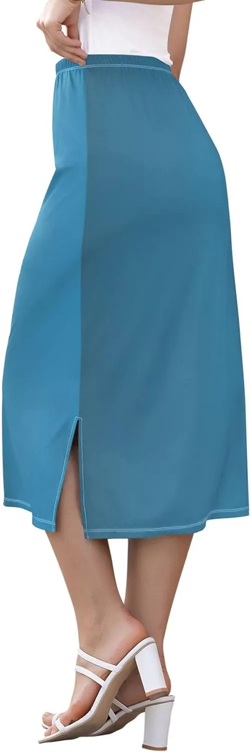 Blue Gradient Midi Skirts with Slit Women Floral Pencil Skirts Elastic Waist Cute Casual Skirts S