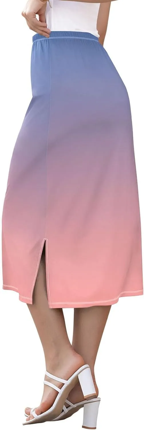 Blue Gradient Midi Skirts with Slit Women Floral Pencil Skirts Elastic Waist Cute Casual Skirts S