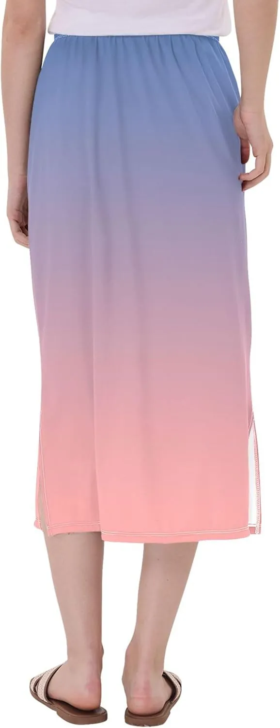Blue Gradient Midi Skirts with Slit Women Floral Pencil Skirts Elastic Waist Cute Casual Skirts S