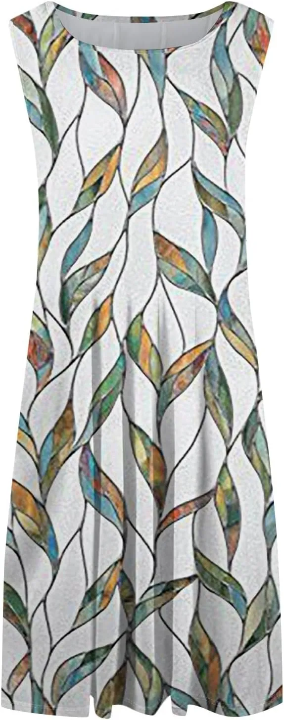Boho Dress Summer Tank Top Dresses Sun Dresses Smocked Sleeveless Floral Dress Elegant Ruched Midi with Pocket