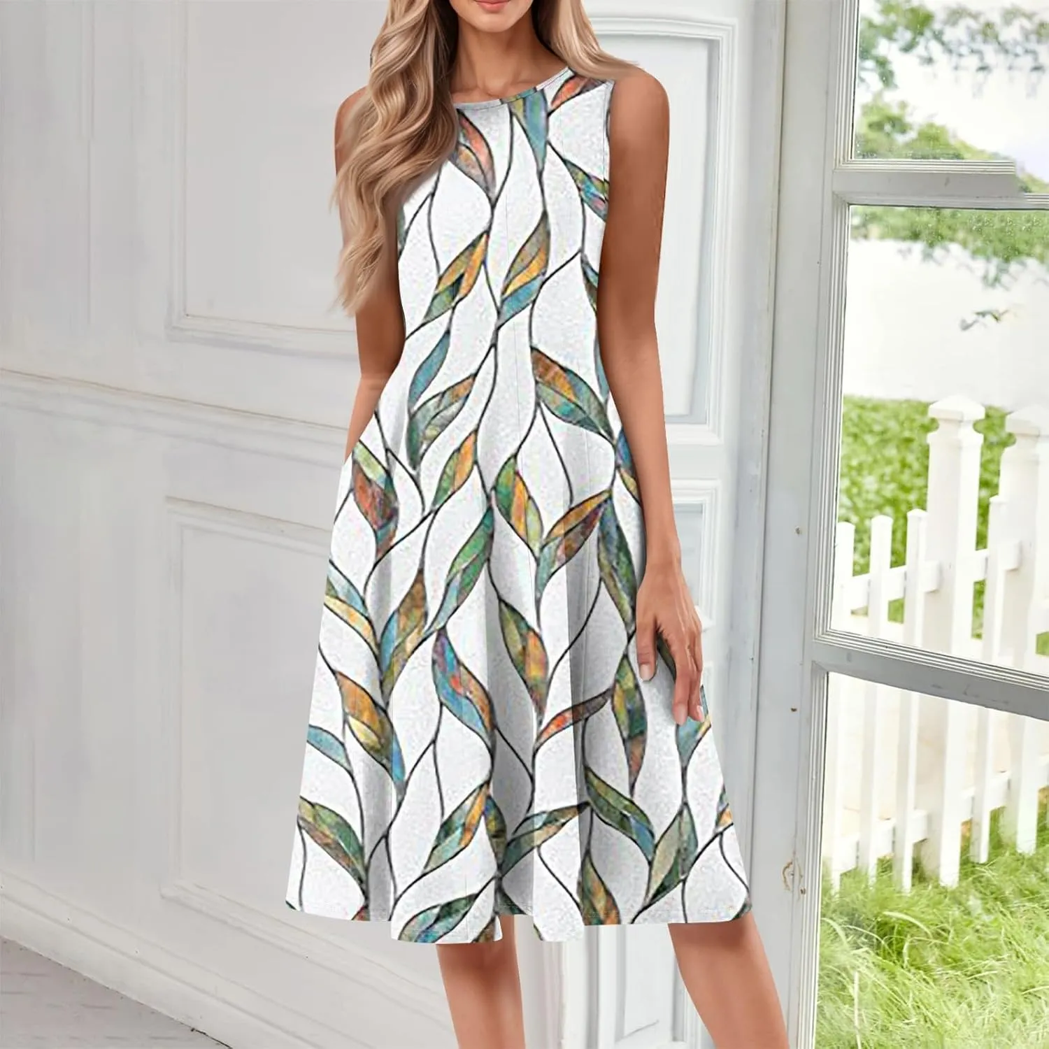 Boho Dress Summer Tank Top Dresses Sun Dresses Smocked Sleeveless Floral Dress Elegant Ruched Midi with Pocket