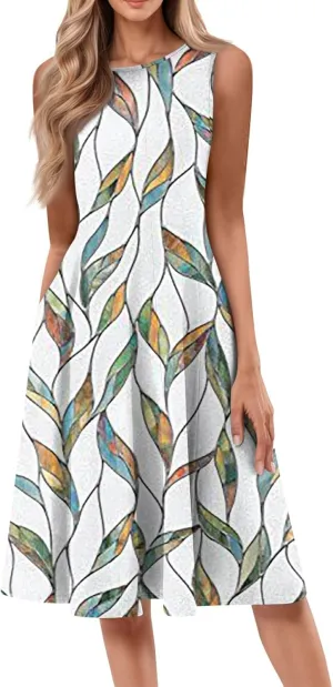 Boho Dress Summer Tank Top Dresses Sun Dresses Smocked Sleeveless Floral Dress Elegant Ruched Midi with Pocket