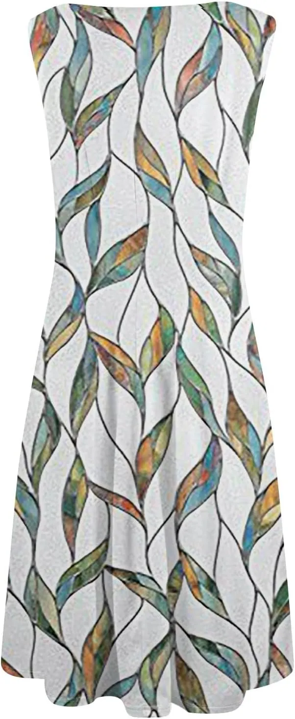 Boho Dress Summer Tank Top Dresses Sun Dresses Smocked Sleeveless Floral Dress Elegant Ruched Midi with Pocket