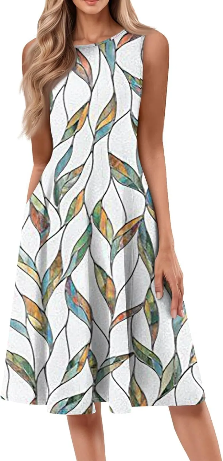 Boho Dress Summer Tank Top Dresses Sun Dresses Smocked Sleeveless Floral Dress Elegant Ruched Midi with Pocket