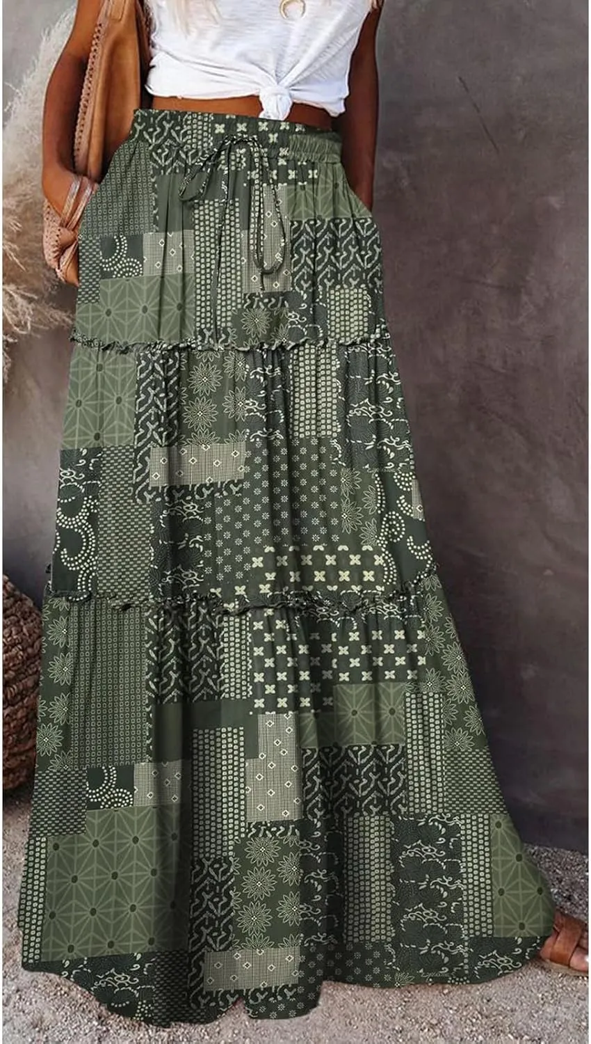 Boho Maxi Skirts for Women 2025 Casual Bohemian Tiered Long Pleated Skirt Hippie High Waisted Aline Beach Flowy Skirt