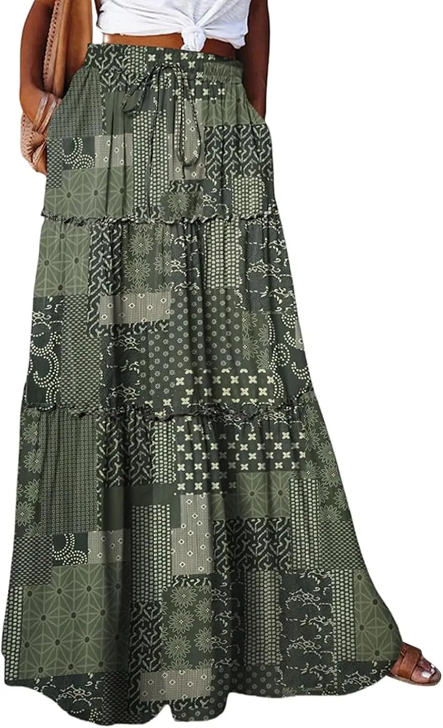 Boho Maxi Skirts for Women 2025 Casual Bohemian Tiered Long Pleated Skirt Hippie High Waisted Aline Beach Flowy Skirt