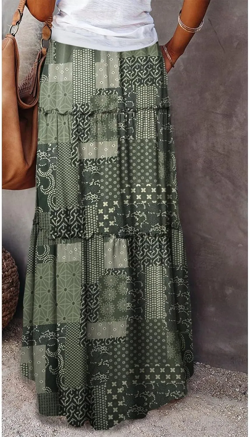 Boho Maxi Skirts for Women 2025 Casual Bohemian Tiered Long Pleated Skirt Hippie High Waisted Aline Beach Flowy Skirt