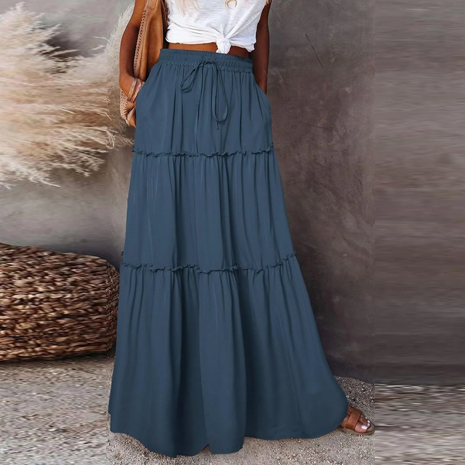 Boho Maxi Skirts for Women 2025 Summer Floral Flowy High Waisted Plus Size A Line Tiered Long Skirt with Pockets