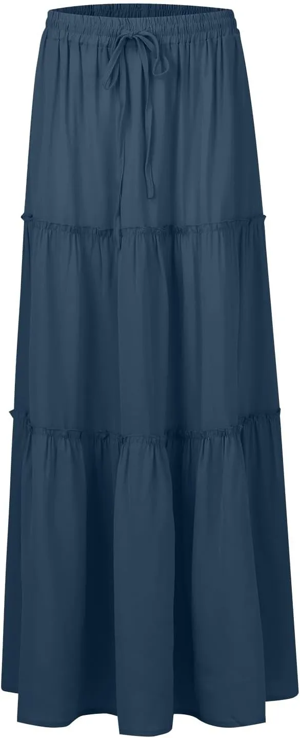 Boho Maxi Skirts for Women 2025 Summer Floral Flowy High Waisted Plus Size A Line Tiered Long Skirt with Pockets