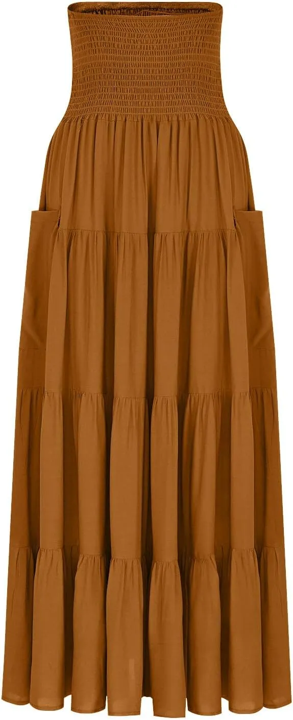 Boho Skirts for Women 2025 High Waisted Maxi Skirts A-Line Casual Skirts Pleated Ruffle Skirts for Beach Vacation