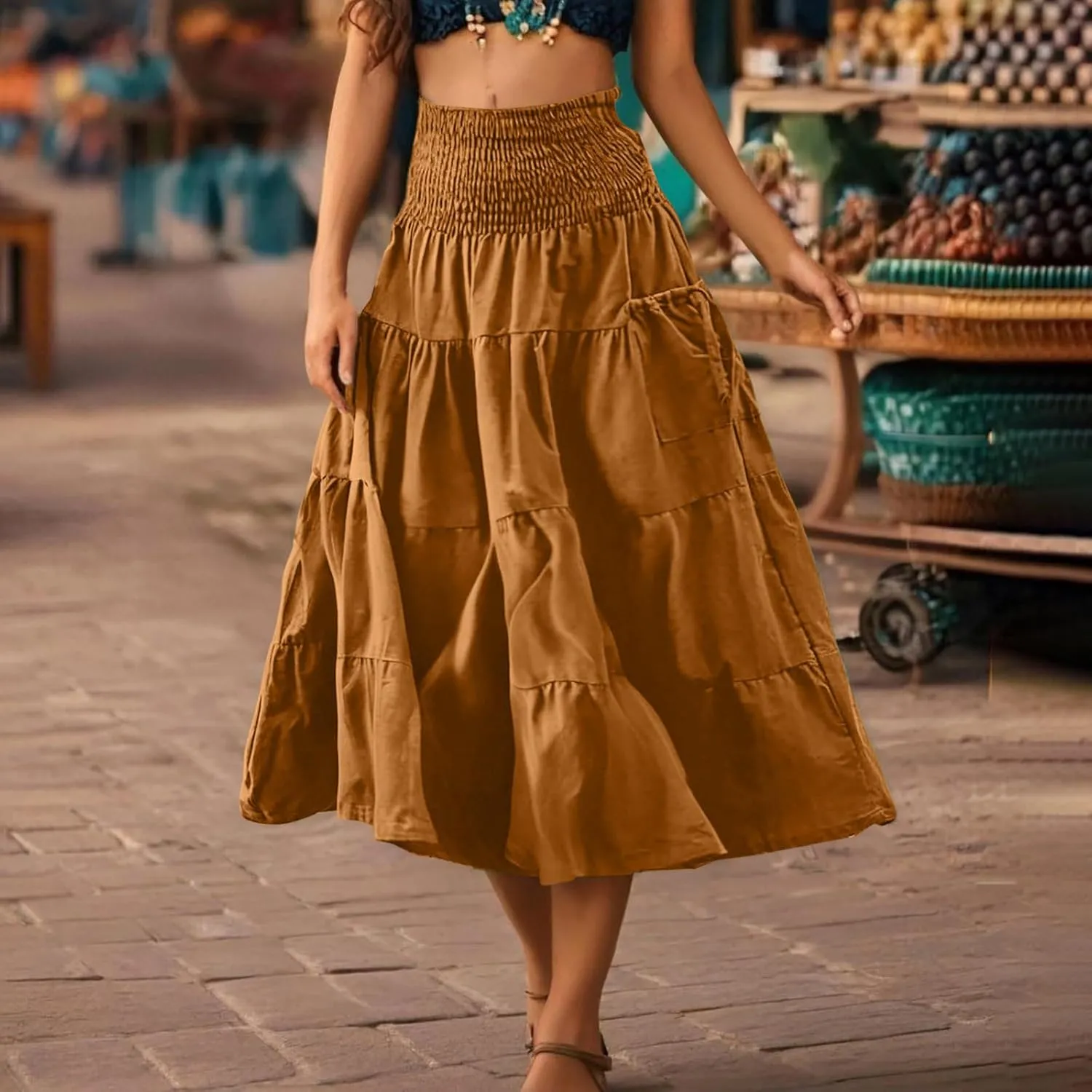 Boho Skirts for Women 2025 High Waisted Maxi Skirts A-Line Casual Skirts Pleated Ruffle Skirts for Beach Vacation