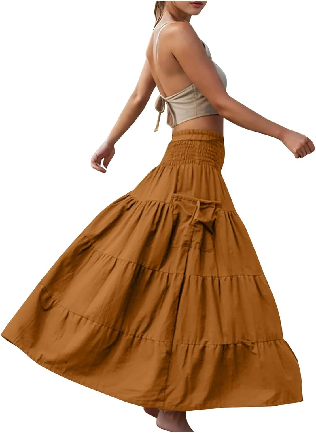 Boho Skirts for Women 2025 High Waisted Maxi Skirts A-Line Casual Skirts Pleated Ruffle Skirts for Beach Vacation