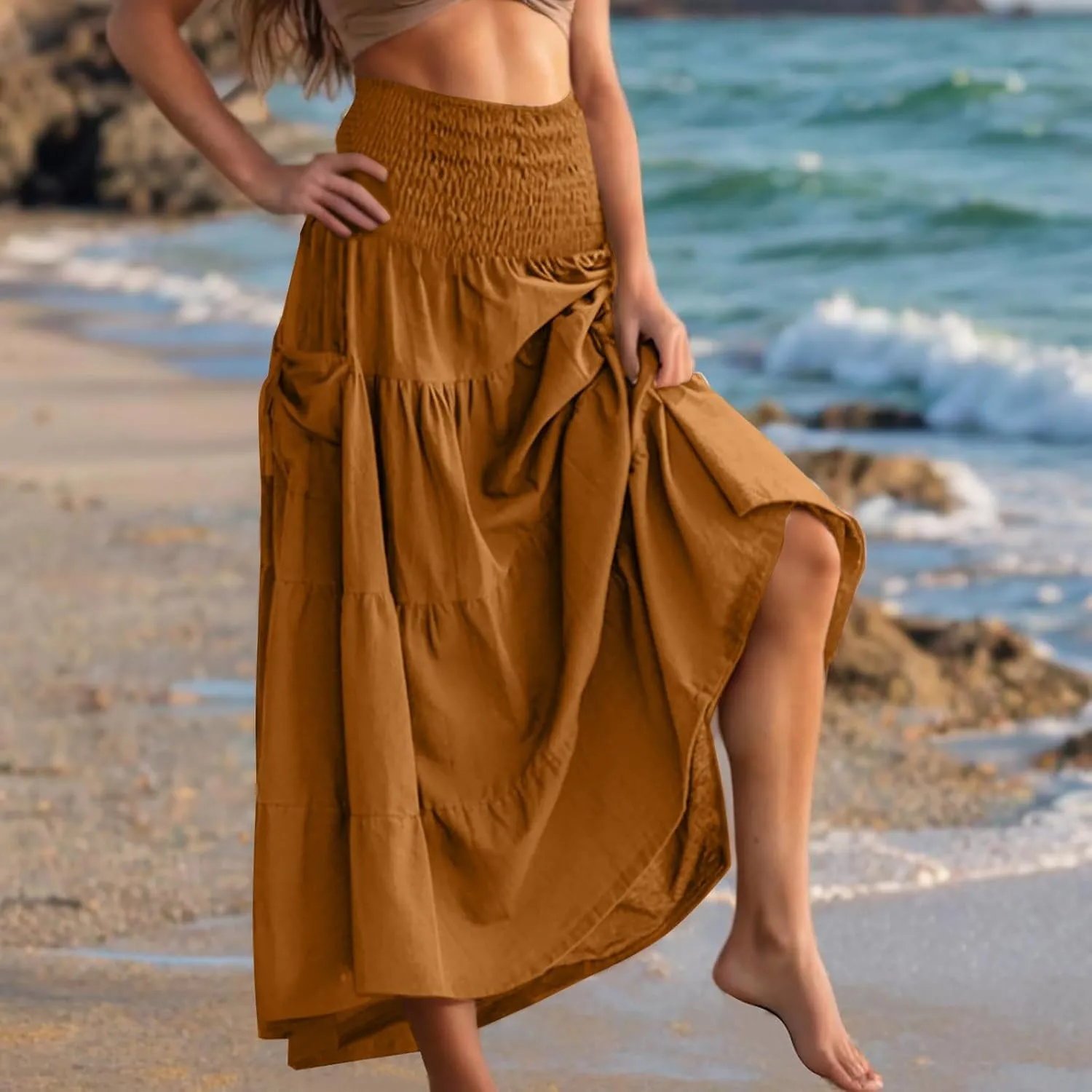 Boho Skirts for Women 2025 High Waisted Maxi Skirts A-Line Casual Skirts Pleated Ruffle Skirts for Beach Vacation