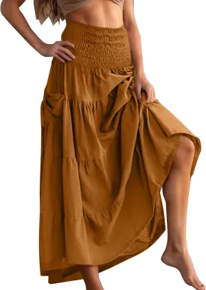 Boho Skirts for Women 2025 High Waisted Maxi Skirts A-Line Casual Skirts Pleated Ruffle Skirts for Beach Vacation