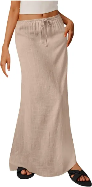 Boho Skirts Women 2025 Maxi Summer Skirts Drawstring Waist Casual Long Skirt Trendy Flowy Skirts for Beach Vacation