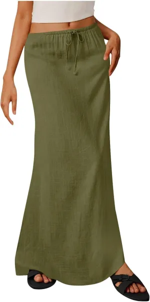 Boho Skirts Women 2025 Maxi Summer Skirts Drawstring Waist Casual Long Skirt Trendy Flowy Skirts for Beach Vacation
