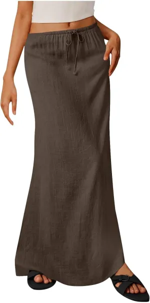 Boho Skirts Women 2025 Maxi Summer Skirts Drawstring Waist Casual Long Skirt Trendy Flowy Skirts for Beach Vacation
