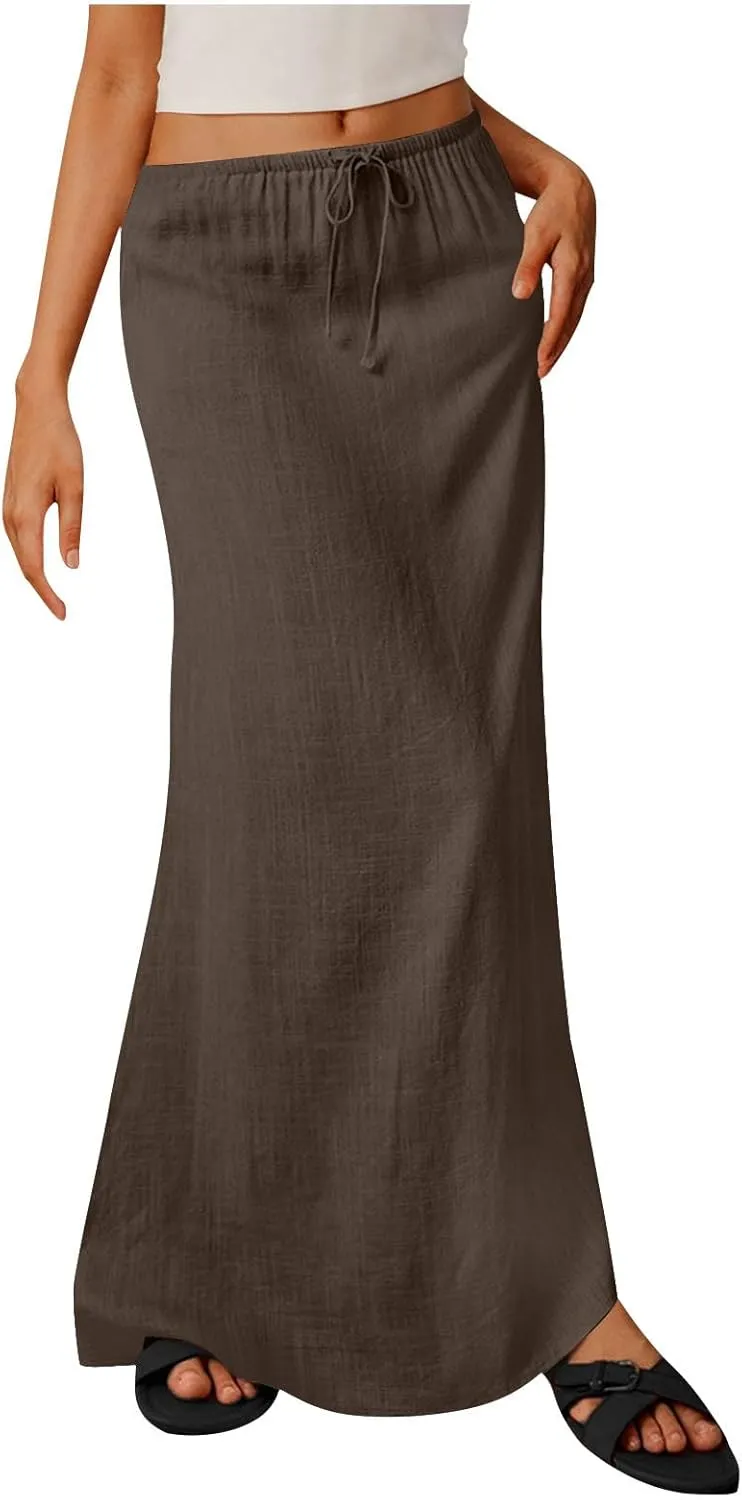 Boho Skirts Women 2025 Maxi Summer Skirts Drawstring Waist Casual Long Skirt Trendy Flowy Skirts for Beach Vacation