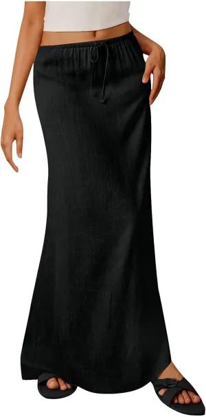 Boho Skirts Women 2025 Maxi Summer Skirts Drawstring Waist Casual Long Skirt Trendy Flowy Skirts for Beach Vacation