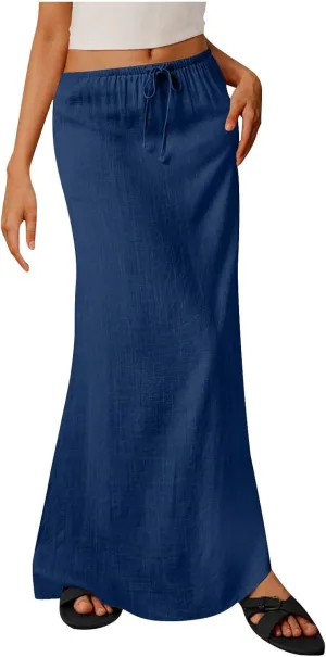 Boho Skirts Women 2025 Maxi Summer Skirts Drawstring Waist Casual Long Skirt Trendy Flowy Skirts for Beach Vacation