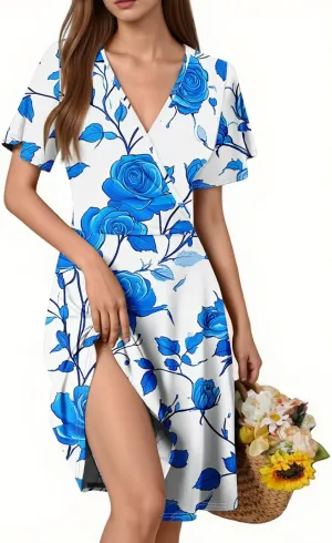 Boho Summer Wrap Dresses for Women 2025 V Neck Floral Dress Short Sleeve A-Line Midi Vacation Beach Sundress