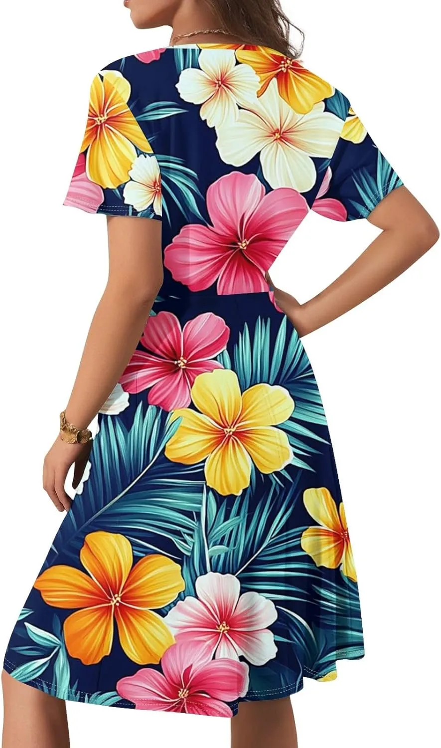 Boho Summer Wrap Dresses for Women 2025 V Neck Floral Dress Short Sleeve A-Line Midi Vacation Beach Sundress