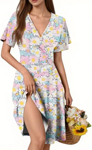 Boho Summer Wrap Dresses for Women 2025 V Neck Floral Dress Short Sleeve A-Line Midi Vacation Beach Sundress