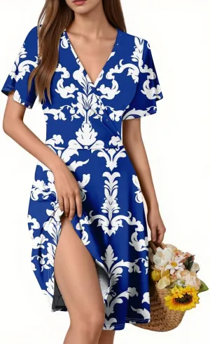 Boho Summer Wrap Dresses for Women 2025 V Neck Floral Dress Short Sleeve A-Line Midi Vacation Beach Sundress